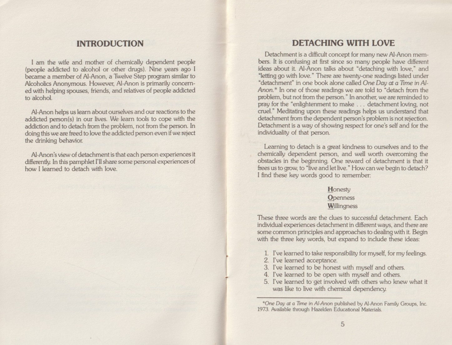 Detaching with Love by Carolyn W., 1984 Hazelden booklet, Alcoholics Anonymous