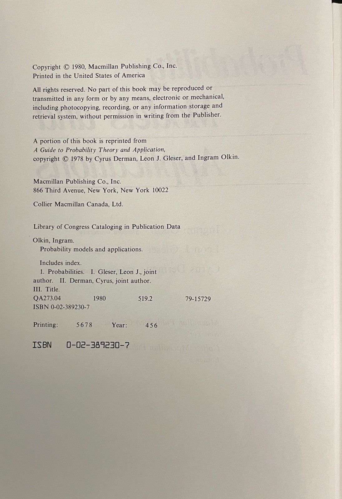 PROBABILITY MODELS & APPLICATIONS by Olkin, Gleser & Derman (1980, HC) Good
