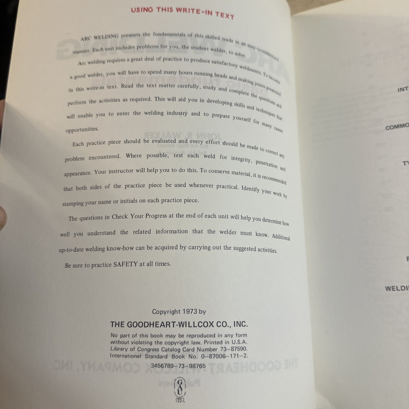 1973 Arc Welding Basic Fundamentals John Walker Book Write-in Text G-W Series