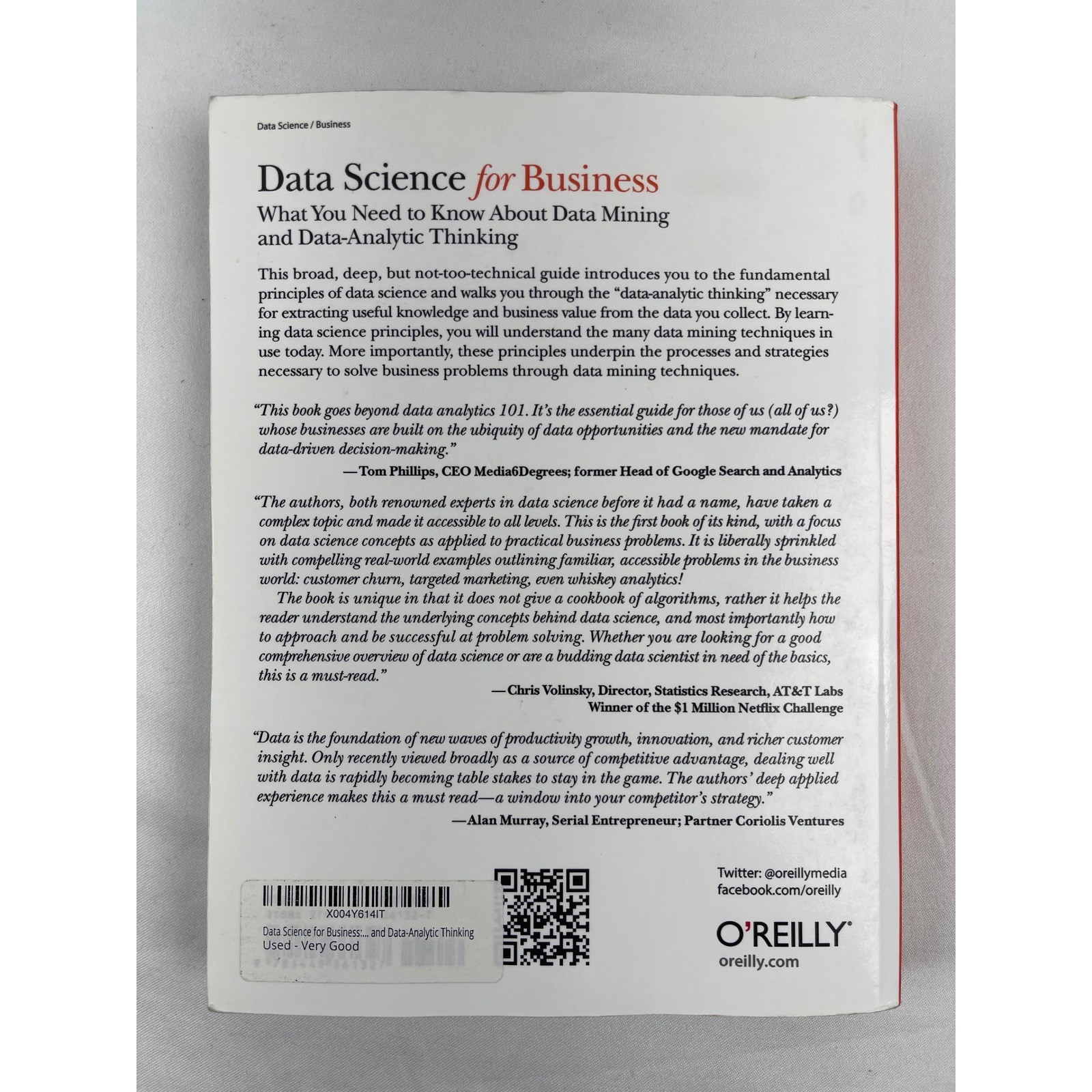 O’Reilly Data Science for Business Provost Fawcett Paperback First Edition