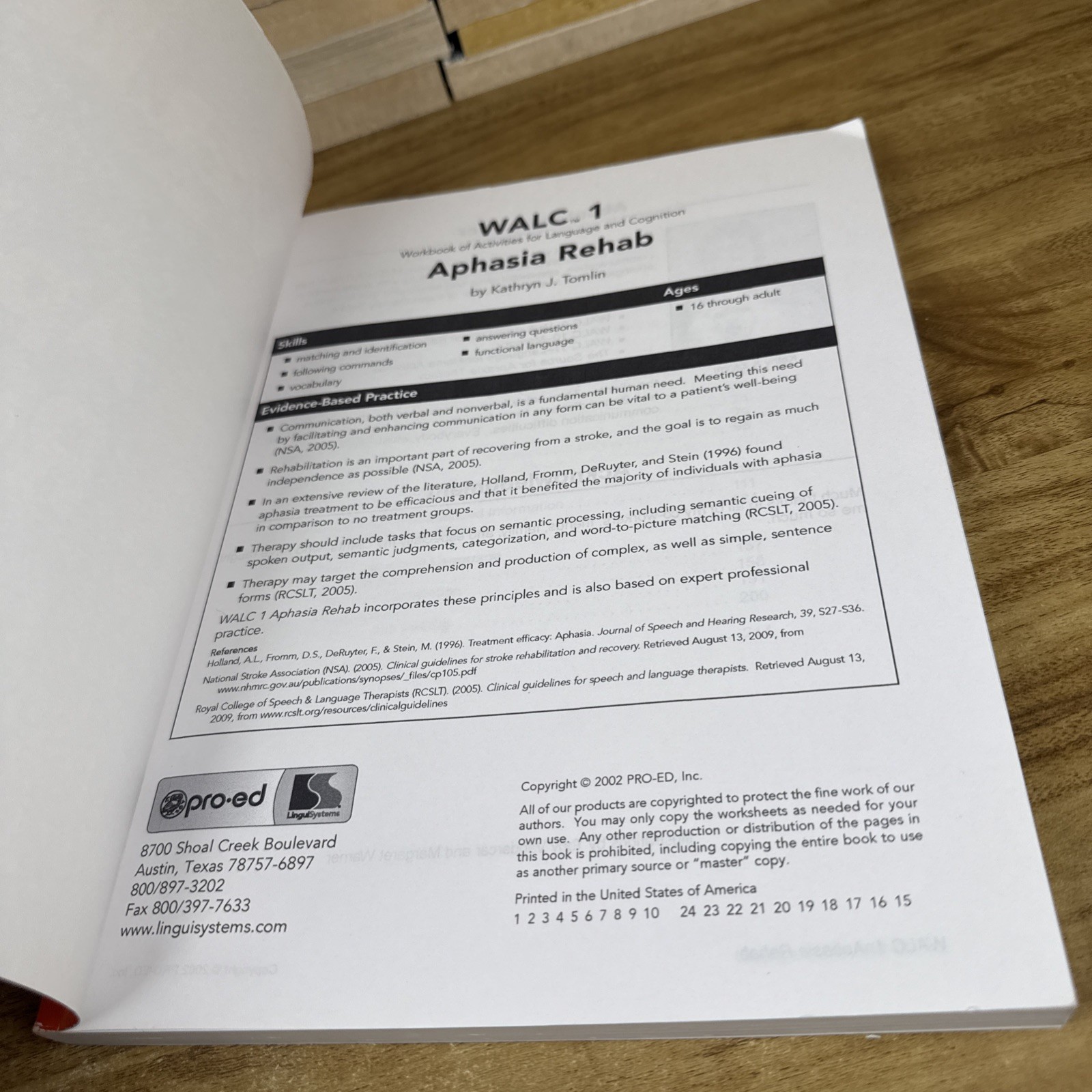 WALC 1 APHASIA REHAB WORKBOOK OF ACTIVITIES FOR LANGUAGE By Kathryn J. Tomlin