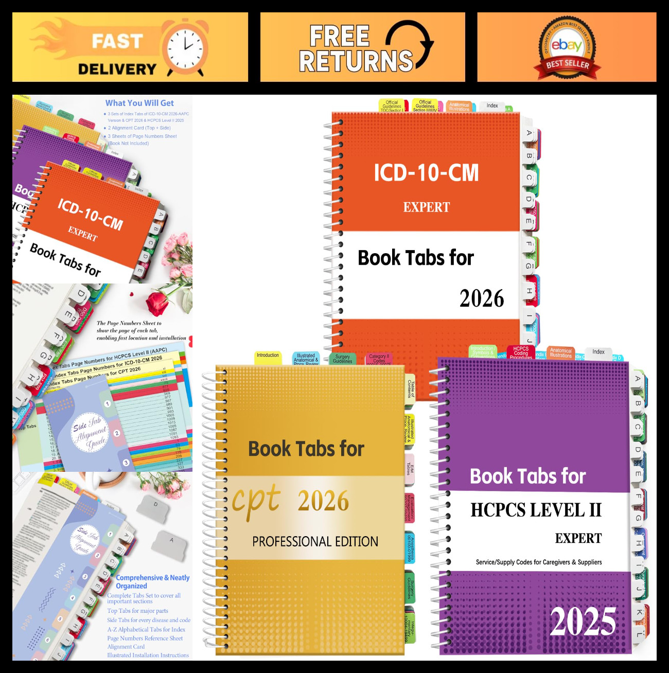 CPT 2026 Index Tabs Set, ICD-10-CM & HCPCS Level II, Color-Coded, Waterproof, Re