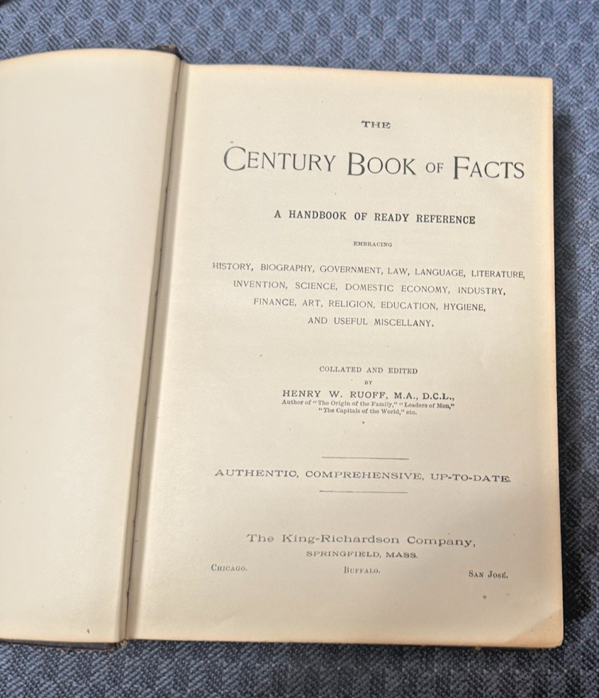 Antique Handbook of Ready Reference; The Century Book of Facts; 1905; Good cond.