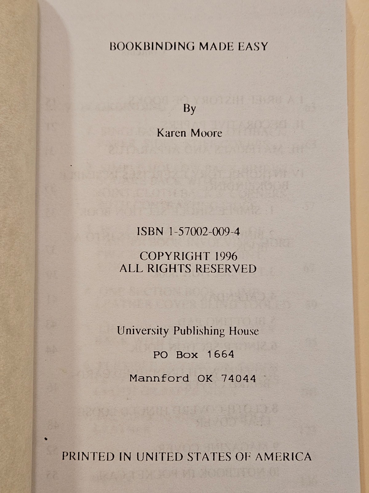 Book Binding Made Easy by Karen Moore, University Publishing House, 1996 PB