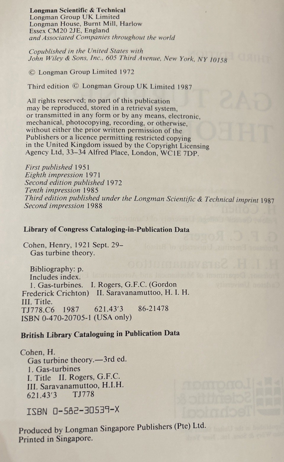 GAS TURBINE THEORY By Henry Cohen & HIH Saravanamuttoo – Hardcover 3rd Ed Book