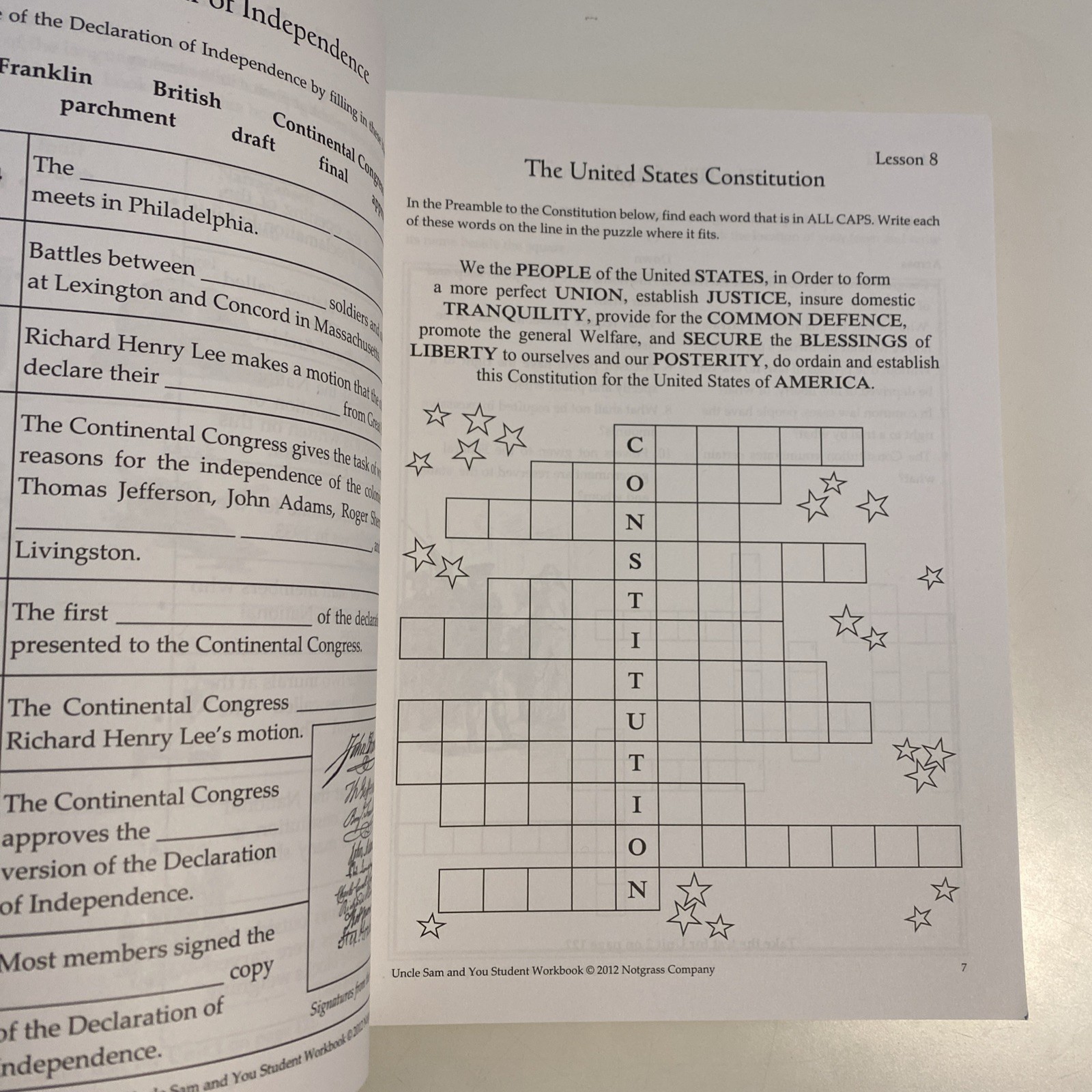 Notgrass Uncle Sam and You Part 1, Student Workbook, Lesson Review, Answer Key