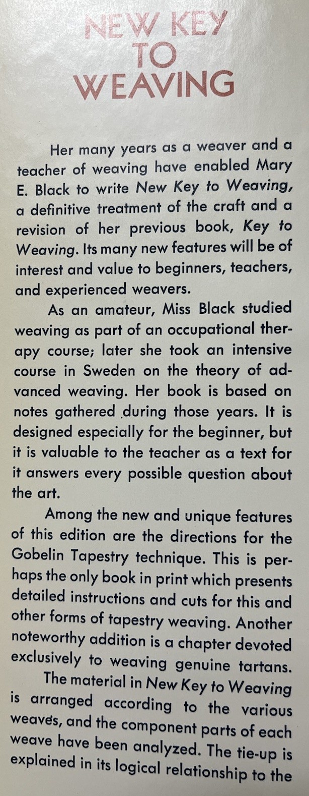 New Key to Weaving Mary E Black O.T.R. 1971 HC Master Guild Canadian Weavers VG