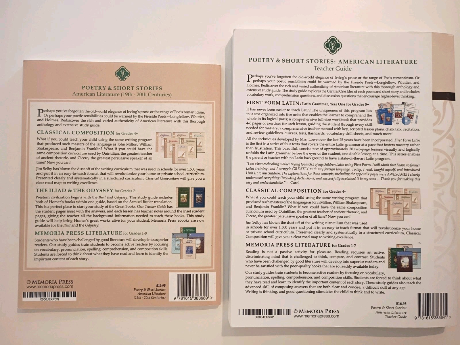 Memoria Press Poetry Short Stories Textbook Teacher Set American Lit Homeschool