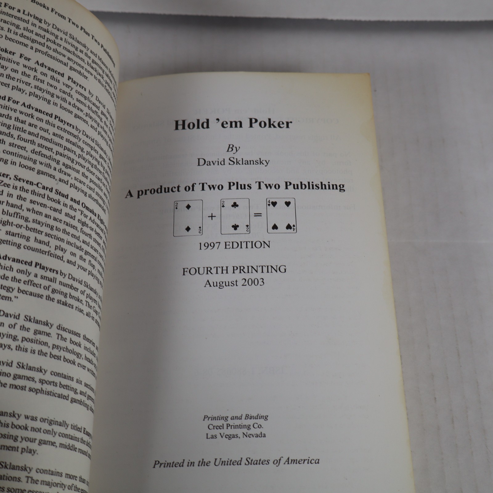 Hold ‘em Poker; Small Stakes Poker Games – 9781880685082, paperback, Sklansky