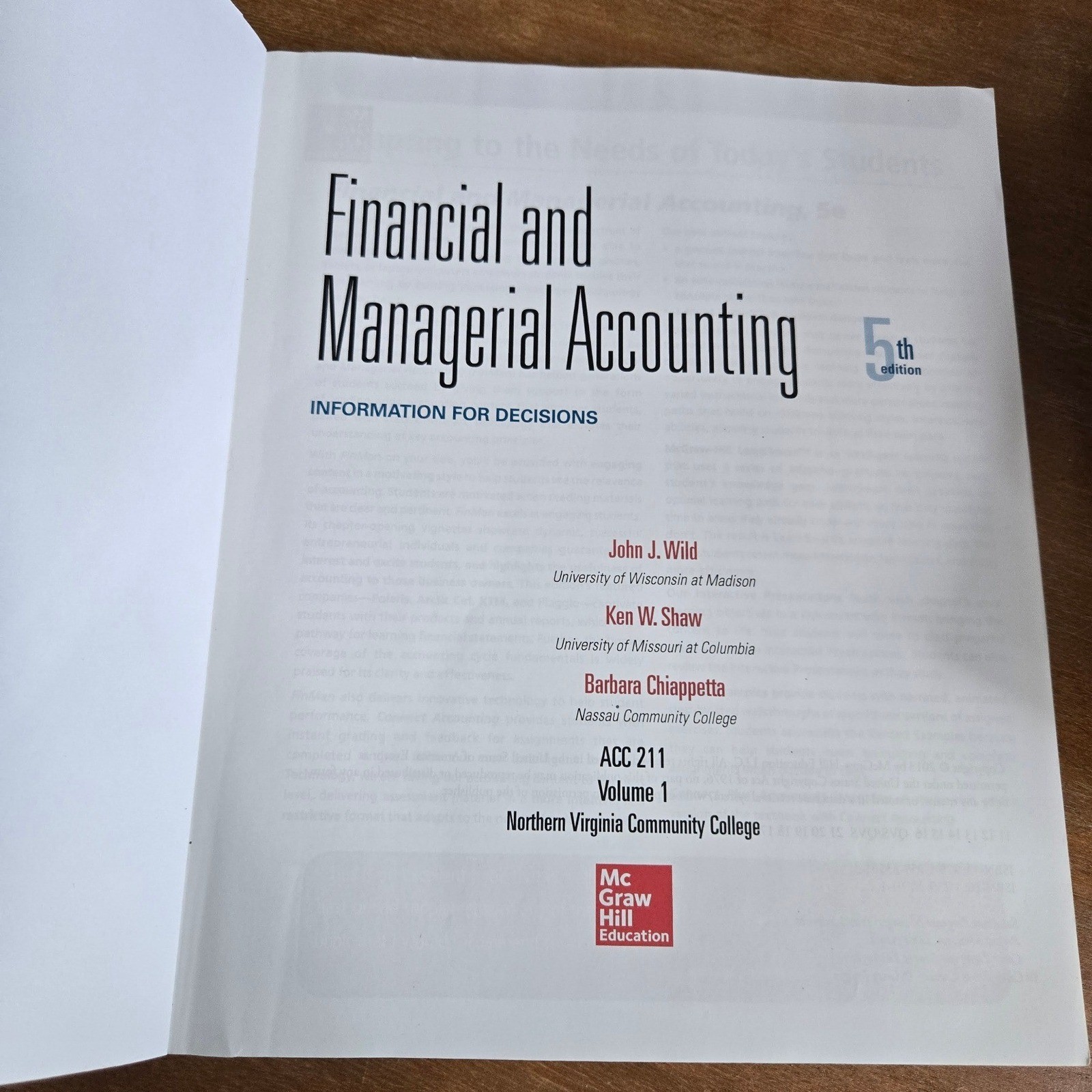 McGraw Hill Financial & Managerial Accounting Textbook ACC 211 5th Ed Vol 1