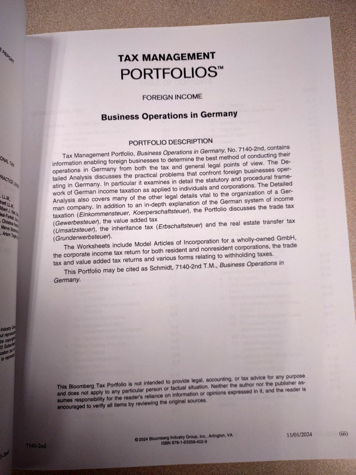 BNA Tax Management Business Operations in Germany (Portfolio 7140) New