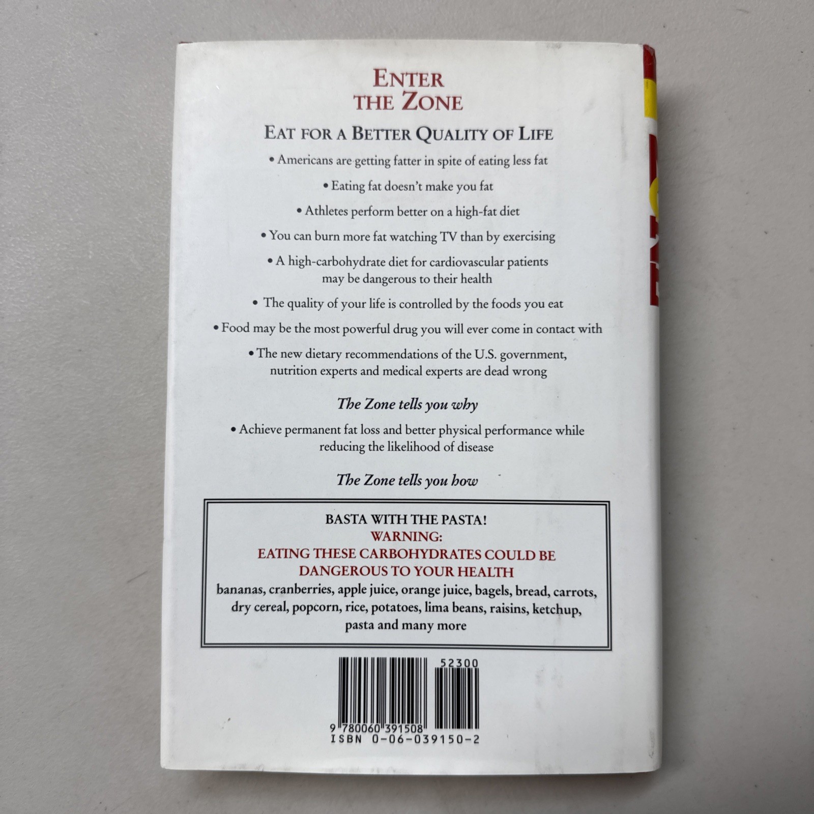 Enter The Zone Hardcover Barry Sears” 1St Ed “Nutrition Reducing Calories -C13