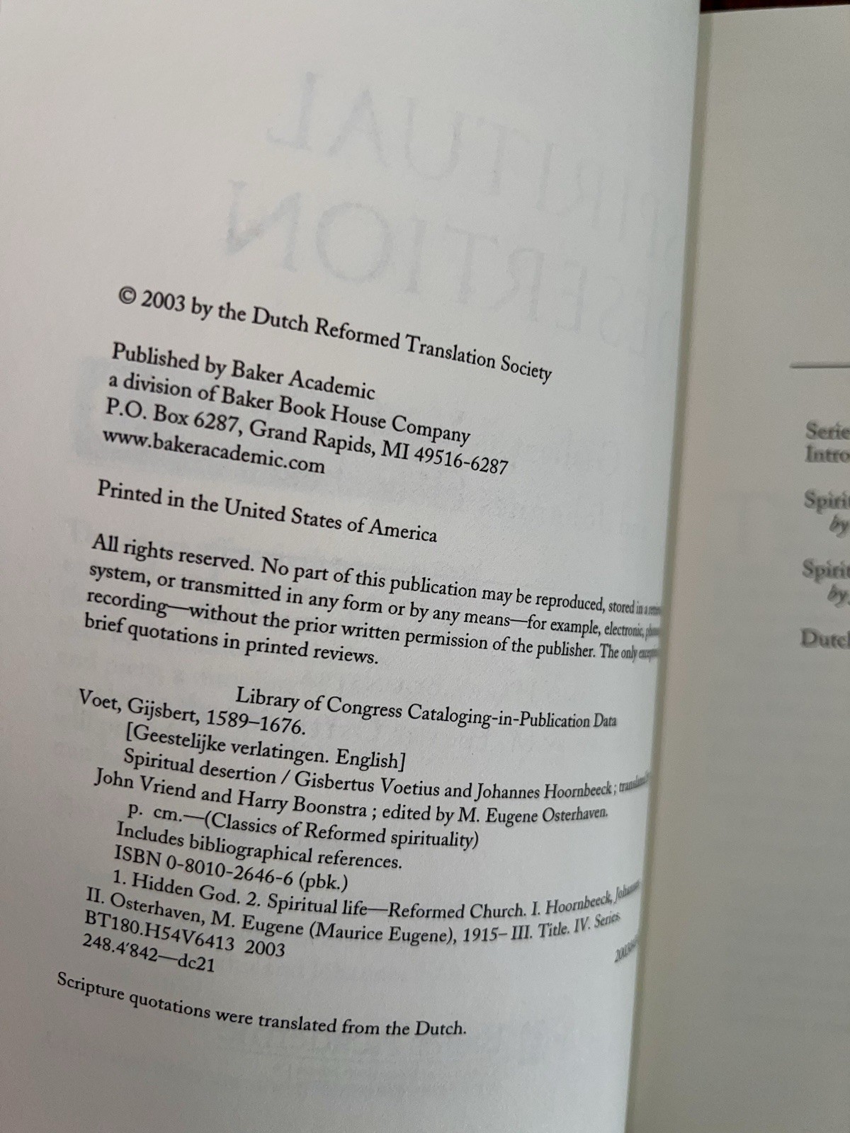 Theology Spiritual Desertion Reformed Classics Voetius Hoornbeeck BAKER Academic