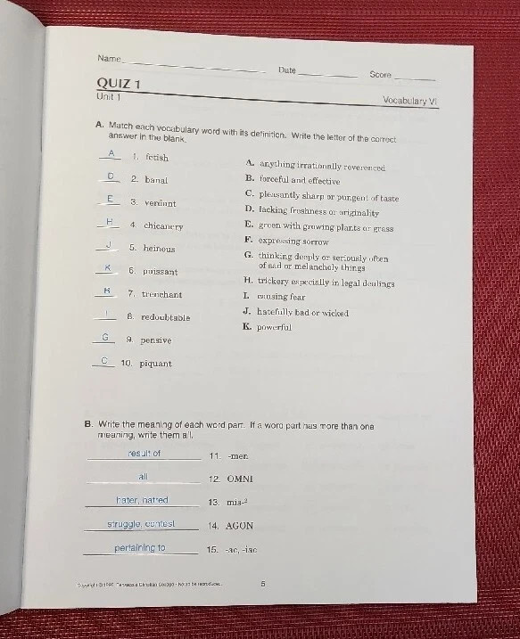 Abeka A Beka Book Vocabulary Poetry VI QUIZ KEY 433460