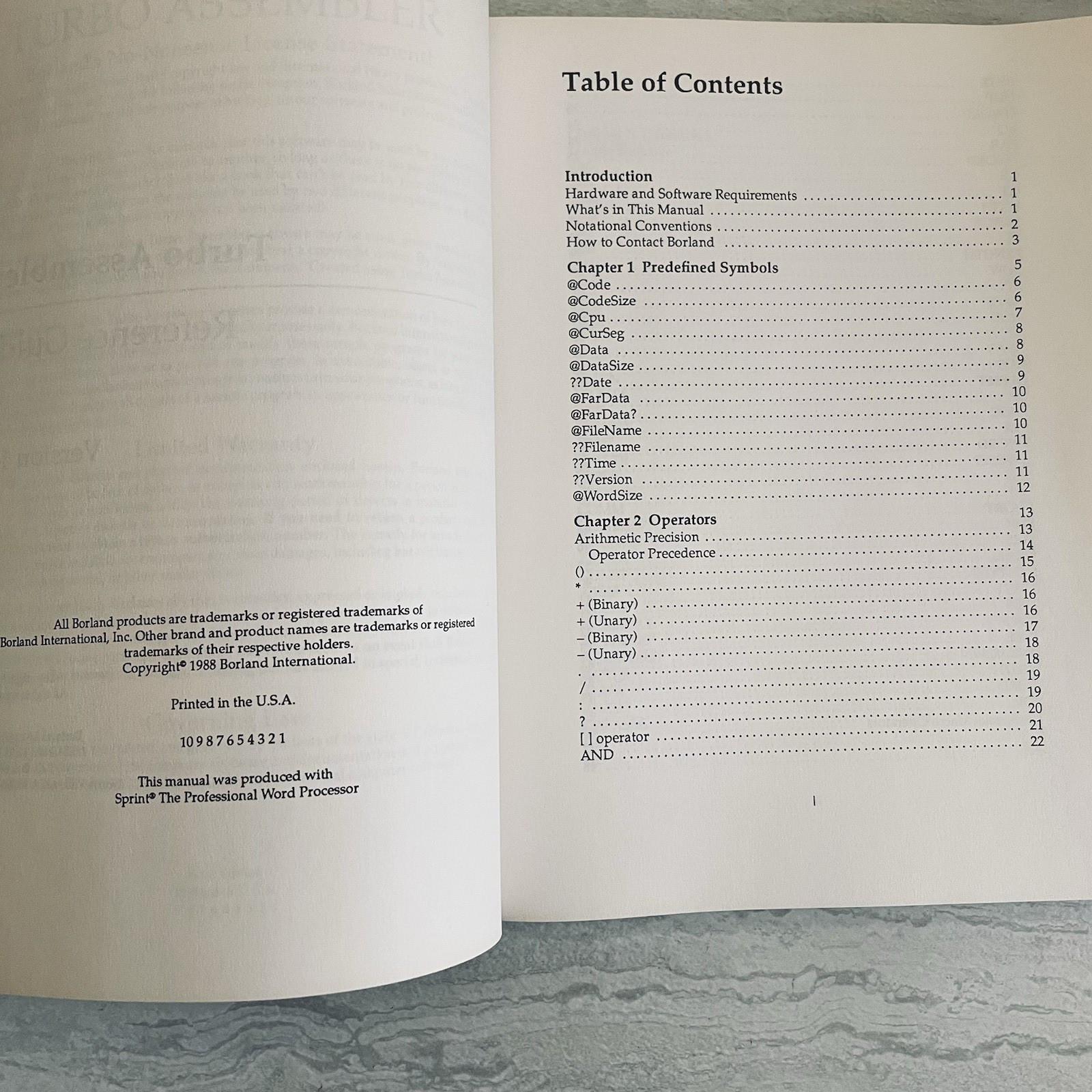 Turbo Assembler 1.0 Reference & User’s Guide Set – Borland 1988