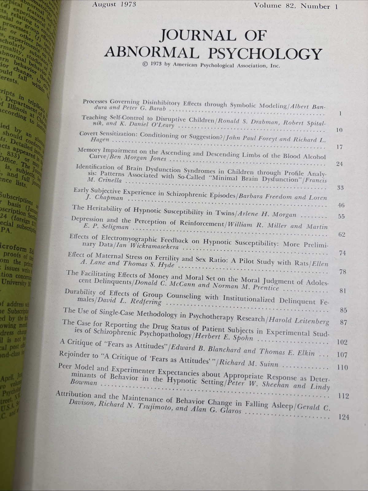 1973 Journal Of Abnormal Psychology Vol 82 1-2-3 APA Behavior Drug Treatment