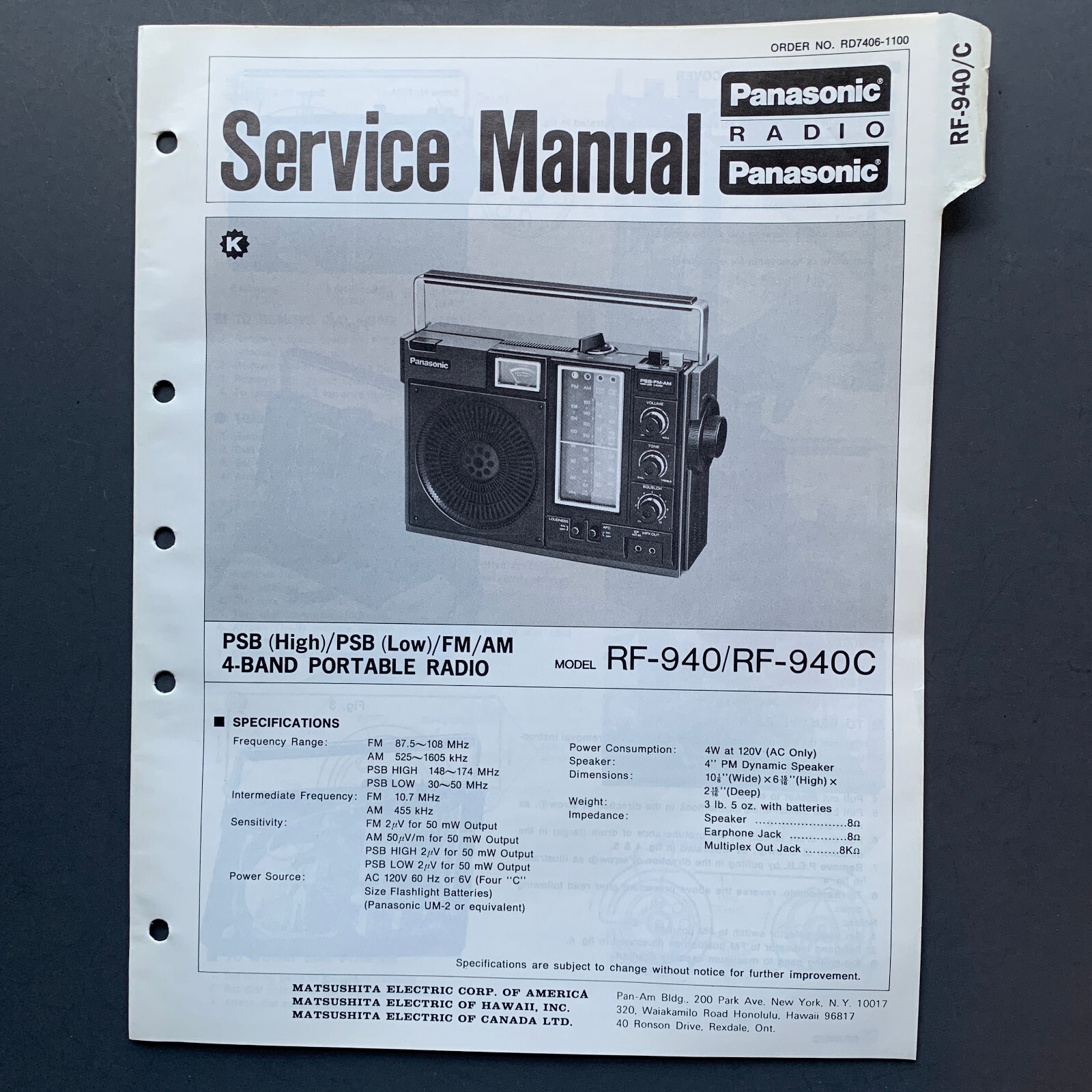 Panasonic RF-940/RF-940C PSB/FM/AM 4-Band Portable Radio ORIGINAL Service Manual