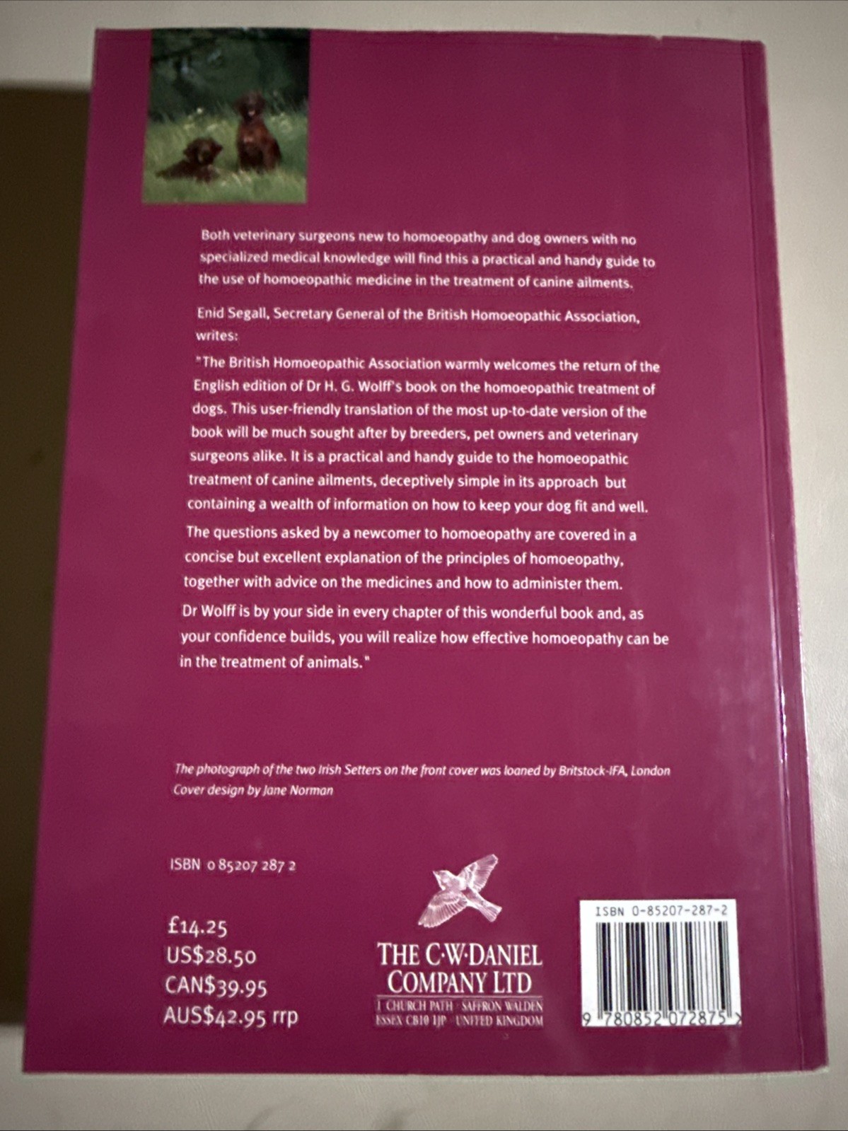 HOMOEOPATHIC MEDICINE FOR DOGS: A HANDBOOK FOR VETS Pet Owners By Wolff 1998 PB