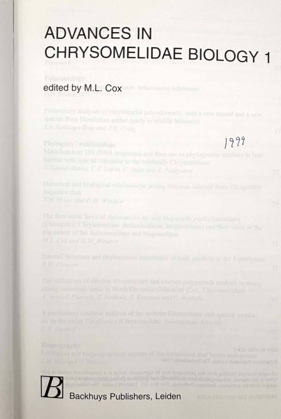 Advances in Chrysomelidae Biology 1 / M.L. Cox / 1999