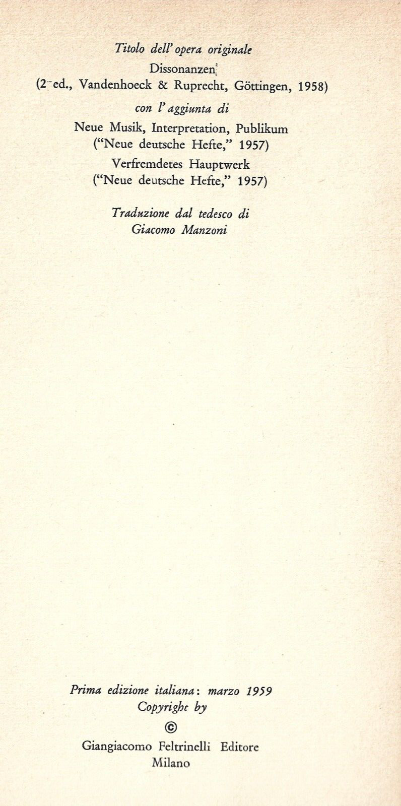 THEODOR W. ADORNO DISSONANZE BOOK PHILOSOPHY CRITICAL THEORY 1959 1ST DJ ITALY