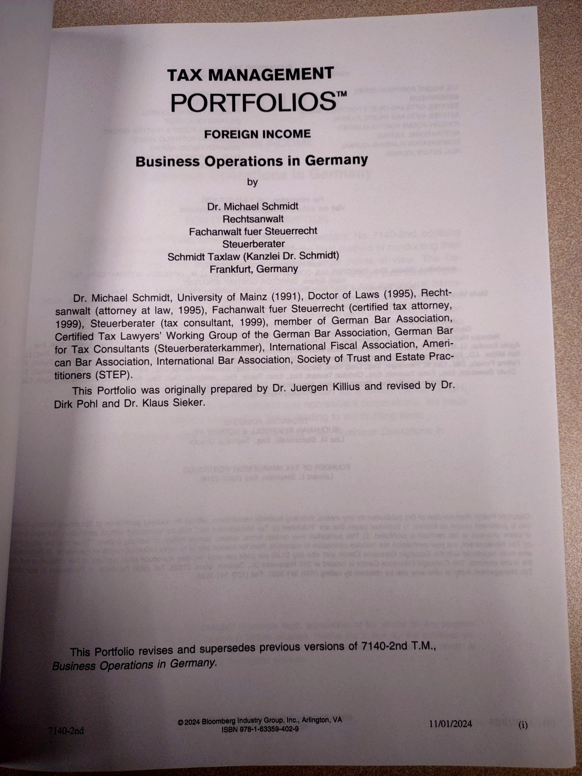 BNA Tax Management Business Operations in Germany (Portfolio 7140) New