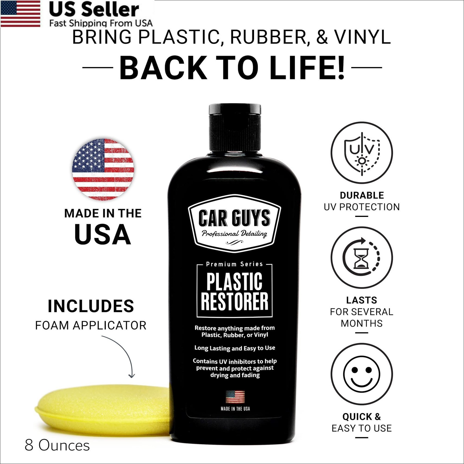 CAR GUYS Plastic Restorer | Bring Plastic, Rubber, 8oz w/ Applicator, Grey