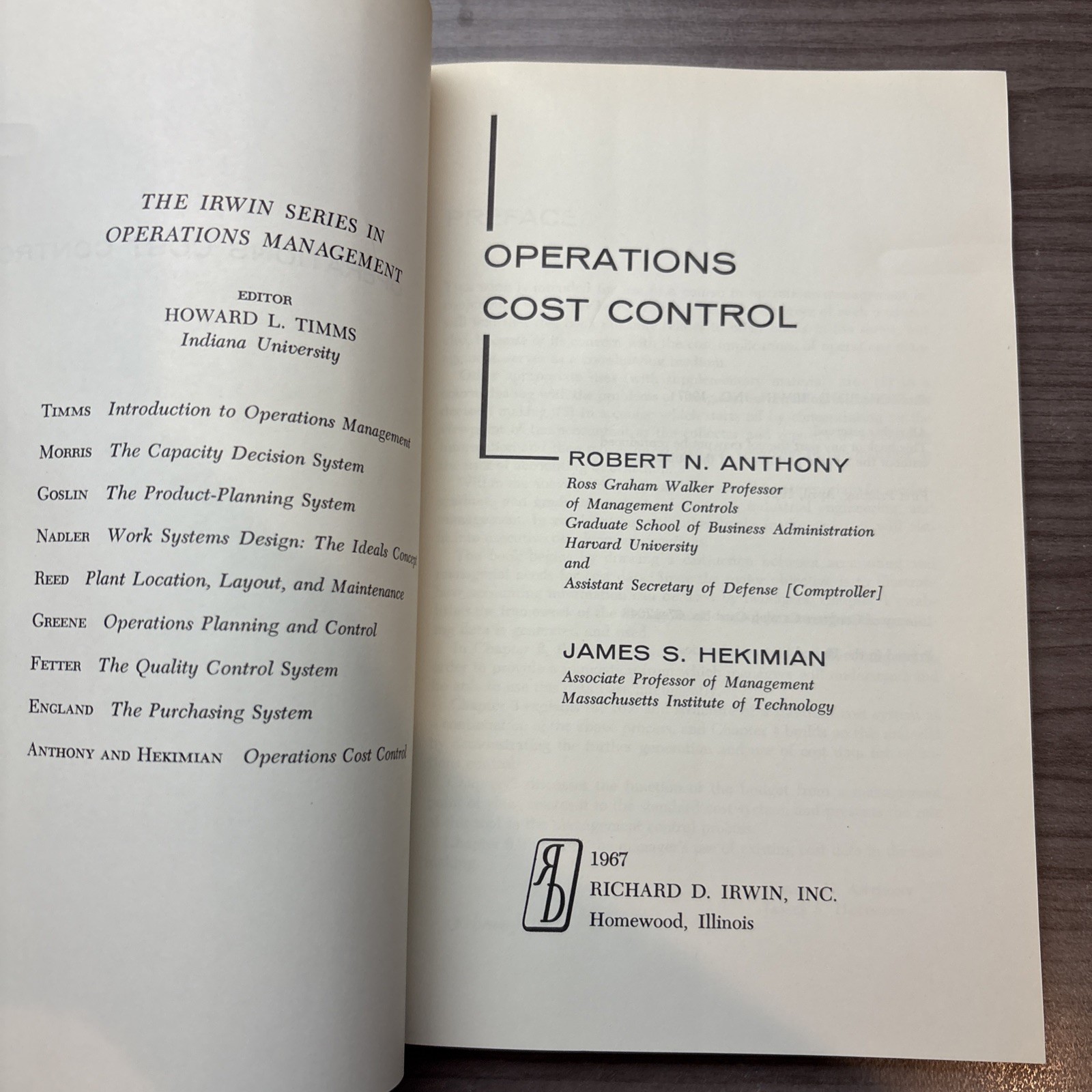 Operations Cost Control Robert N. Anthony & James N. Hekimian Irwin Series In Op