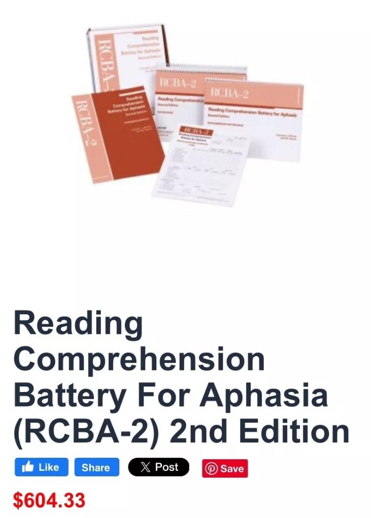 Reading Compreh Battery Aphasia-2 Adults/TBI/Neurogenic Disorders MANUAL ONLY