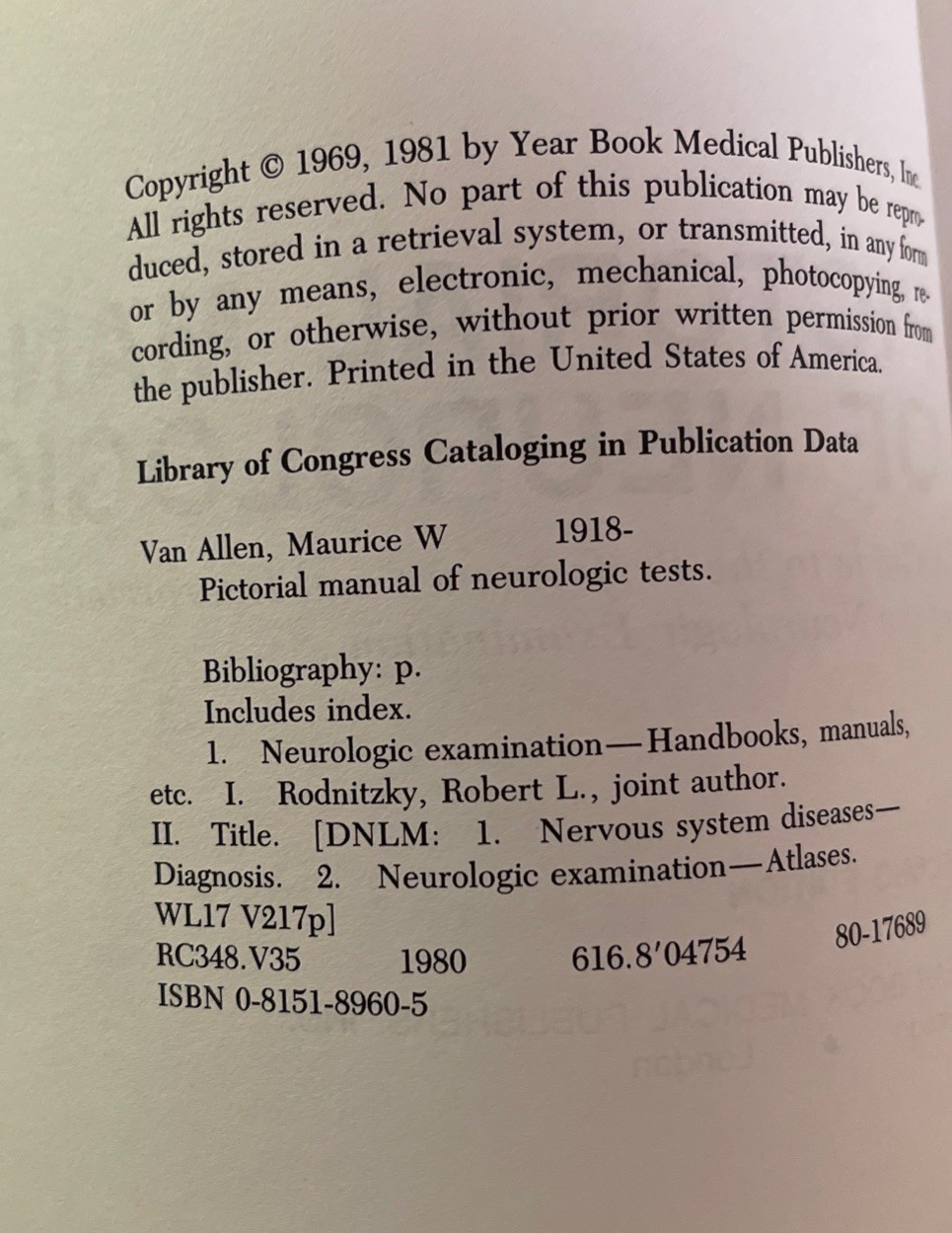 Pictorial Manual Of Neurologic Tests By Maurice Van Allen 1981 Second Edition