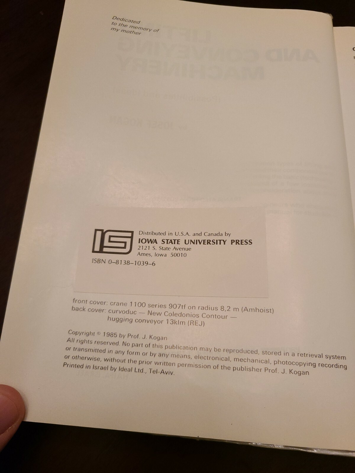 Lifting and Conveying Machinery by Josef Kogan, 1985, Hardcover, Ex Library