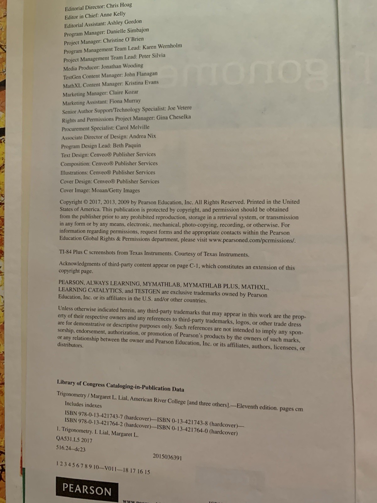 Trigonometry Book 11th Edition Lial 2017 Pearson Education 449 Pages Textbook