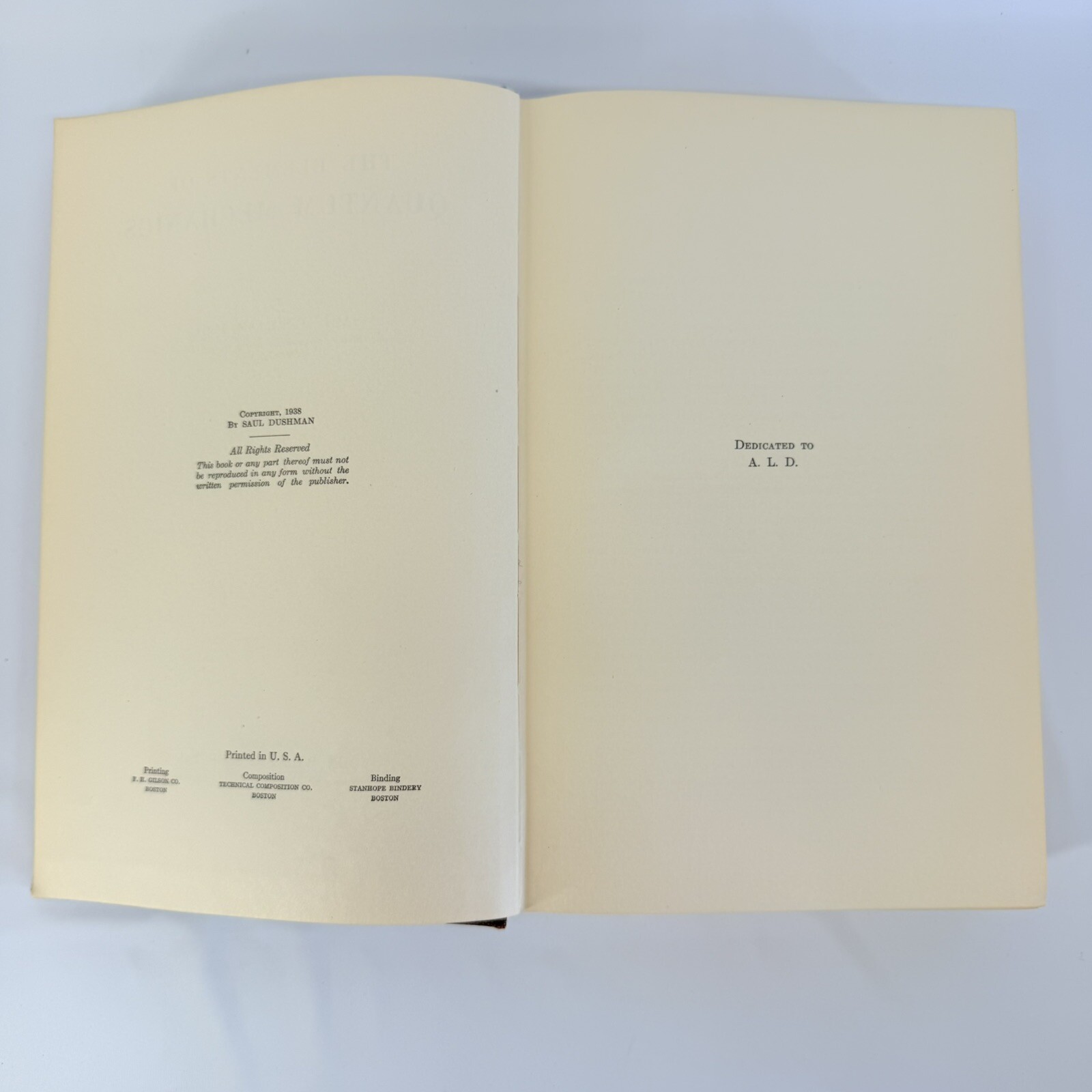 The Elements of Quantum Mechanics by Saul Dushman, John Wiley HC 1938