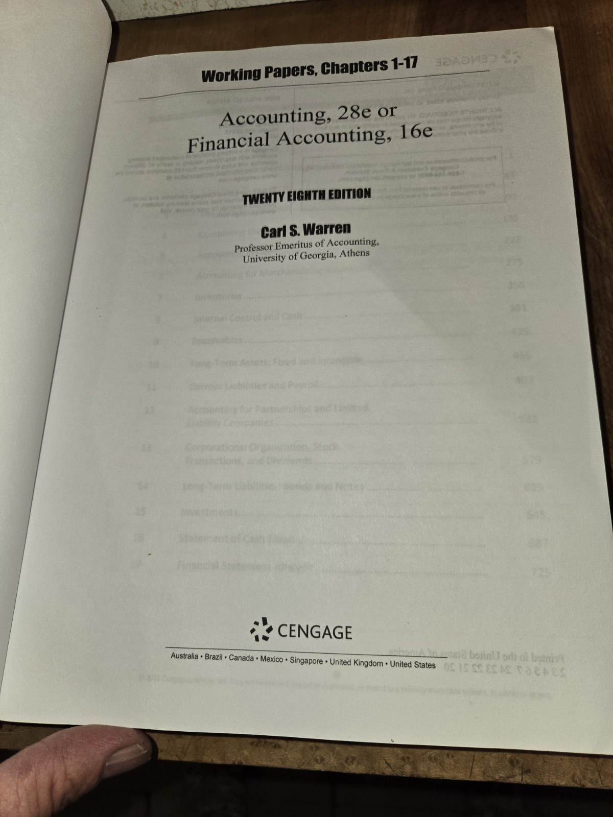 Working Papers, Chapters 1-17 for Warren/Jonick/Schneider’s Accounting, 28th and