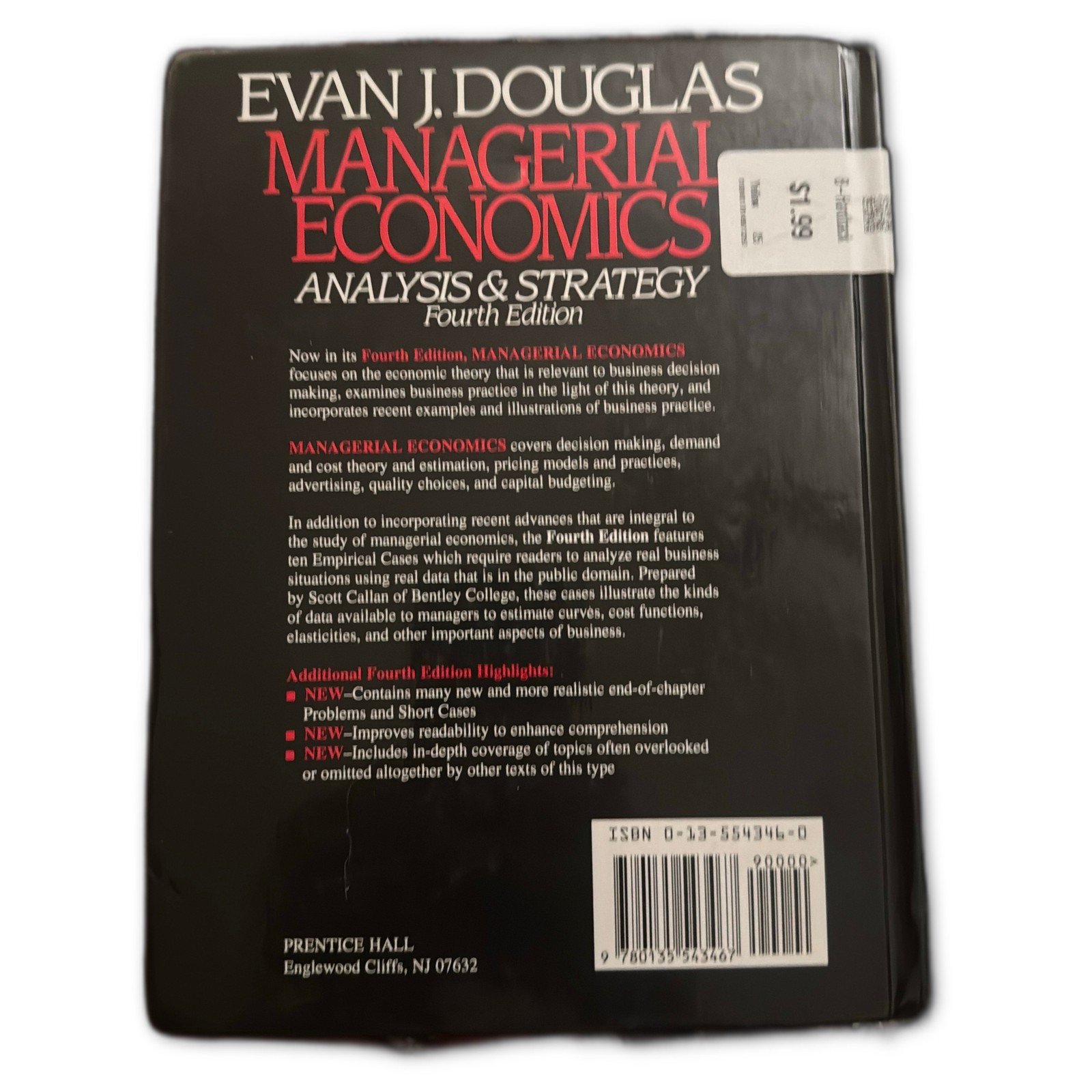 Managerial Economics by Evan J. Douglas (1992, Hardcover Textbook)