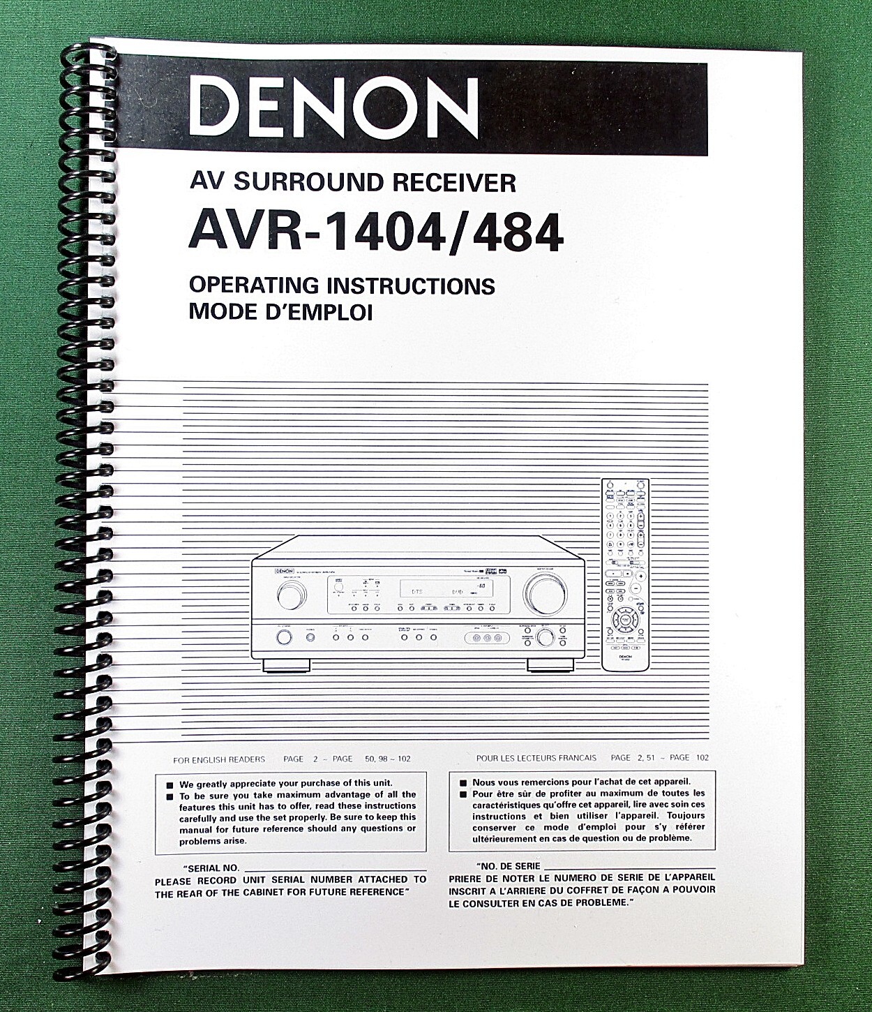 Denon AVR-1404 Instruction Manual: 50 Pages & Protective Covers!