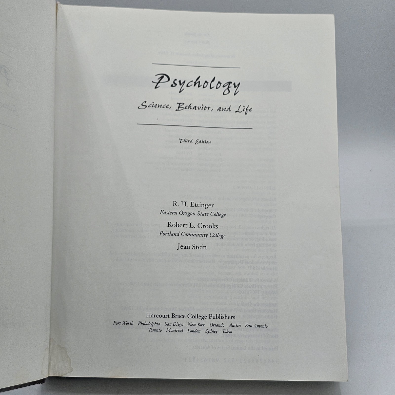 Psychology Science Behavior Life 1994 3rd Ed HC Harcourt Brace Textbook