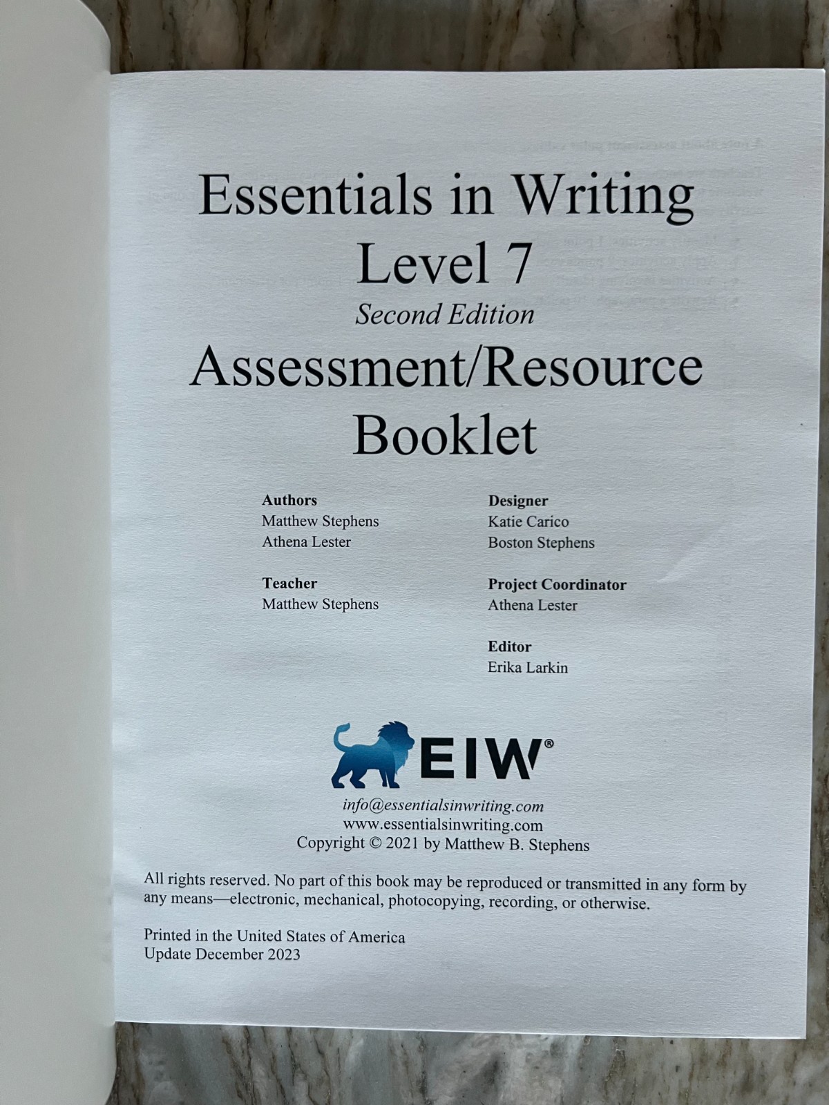 Essentials In Writing Level 7 Assessment Book has Answer Key Homeschool English