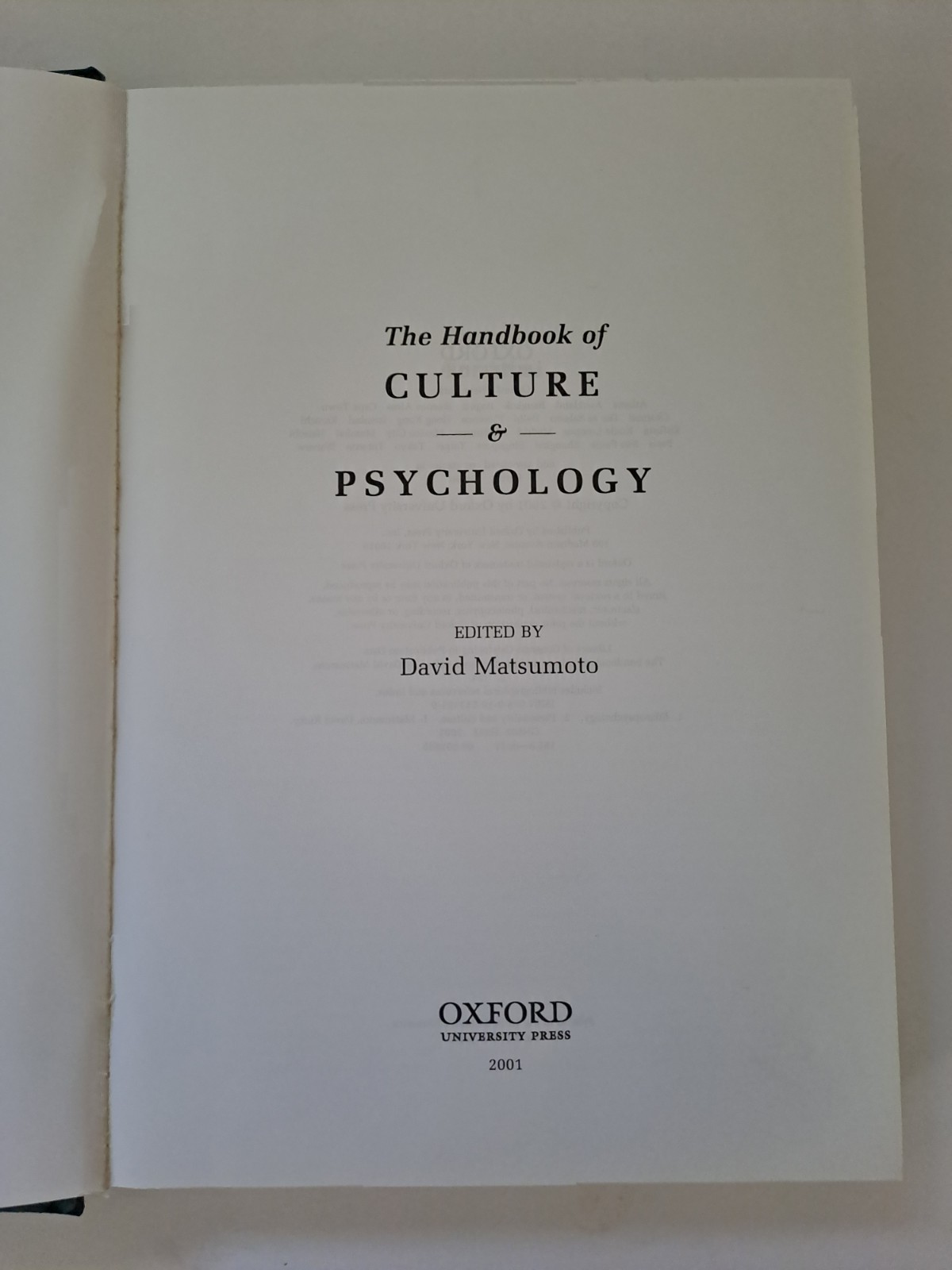 Handbook of Culture and Psychology by David Matsumoto (2001, Hardcover)