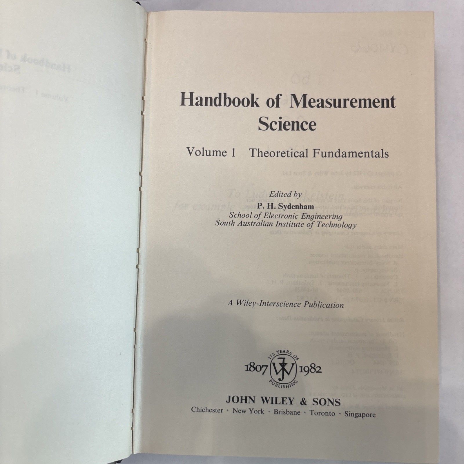 BOOK HANDBOOK OF MEASUREMENT SCIENCE THEORETICAL FUNDAMENTALS VOL. 1 0471100374