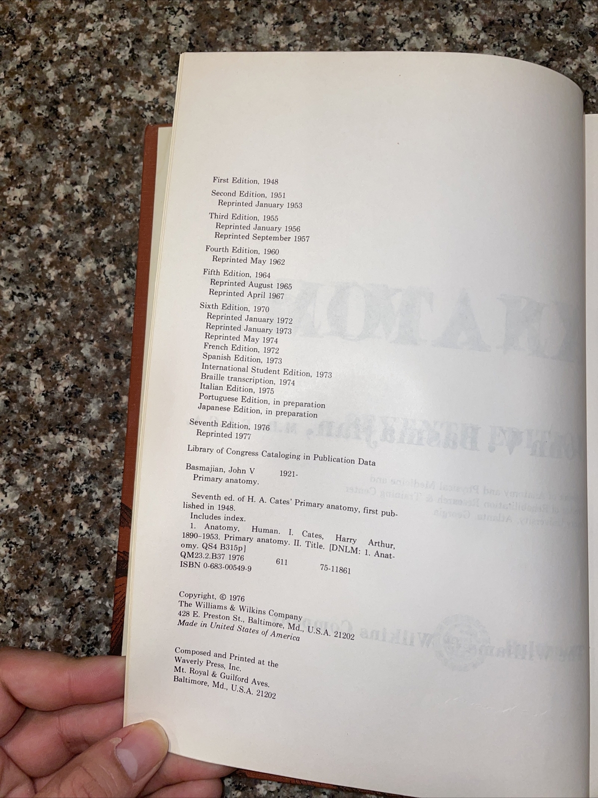 Primary Anatomy – Seventh Edition John Basmajian Hardback 1976 USA Seller!