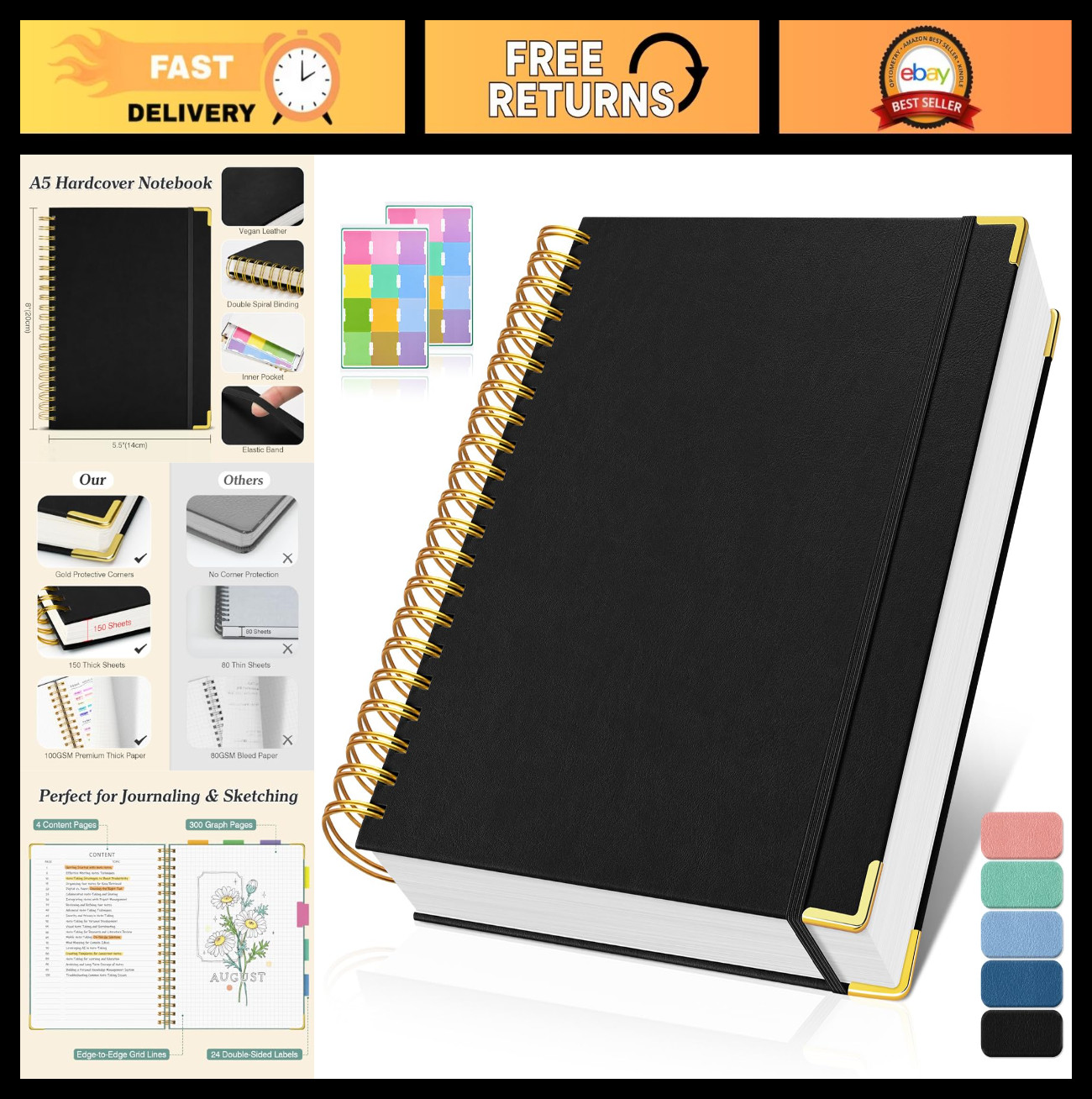 Spiral Graph Paper Notebook A5 – 300 Pages, Thick 100gsm Grid Journal for School